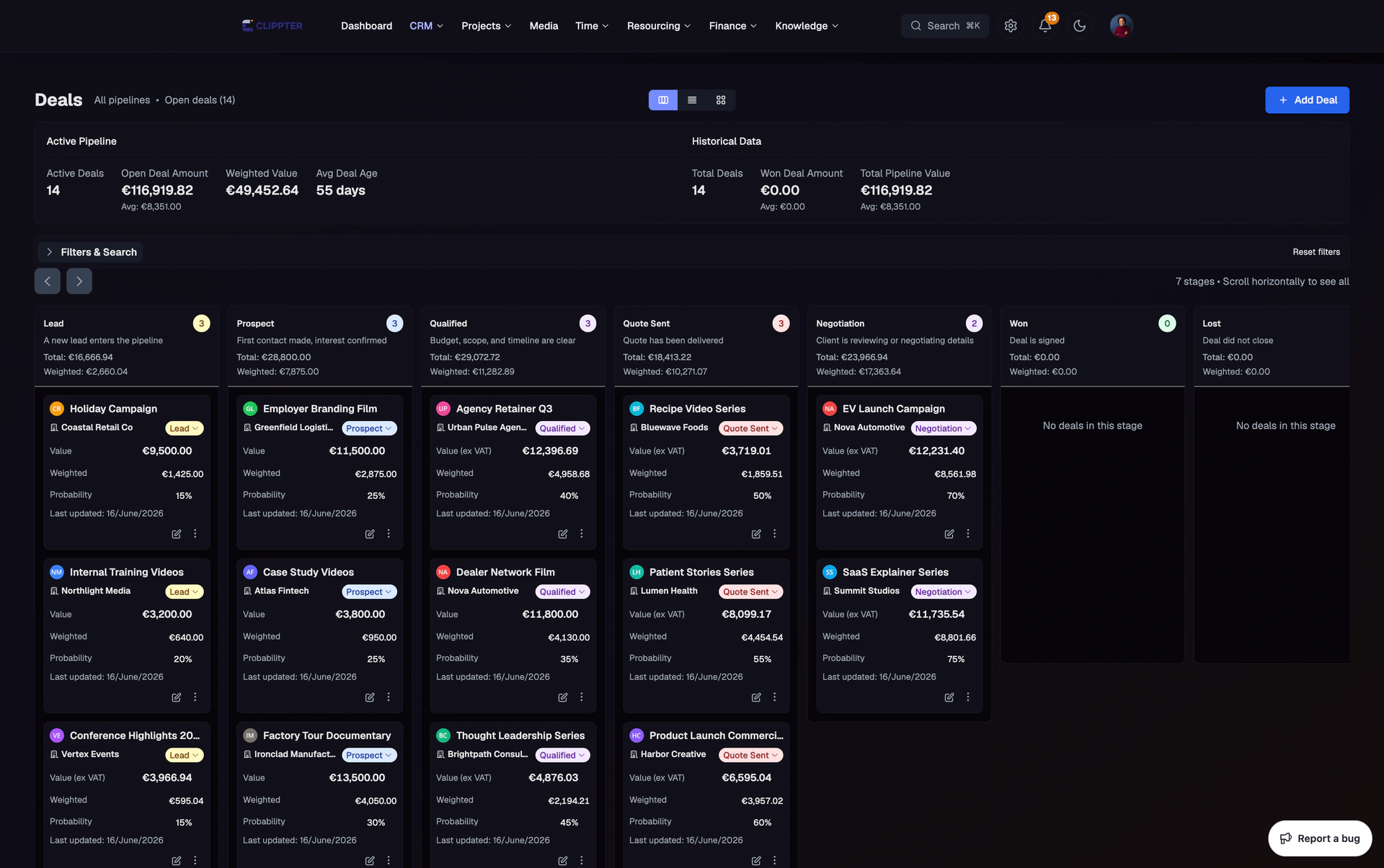 Clippter CRM deal pipeline board