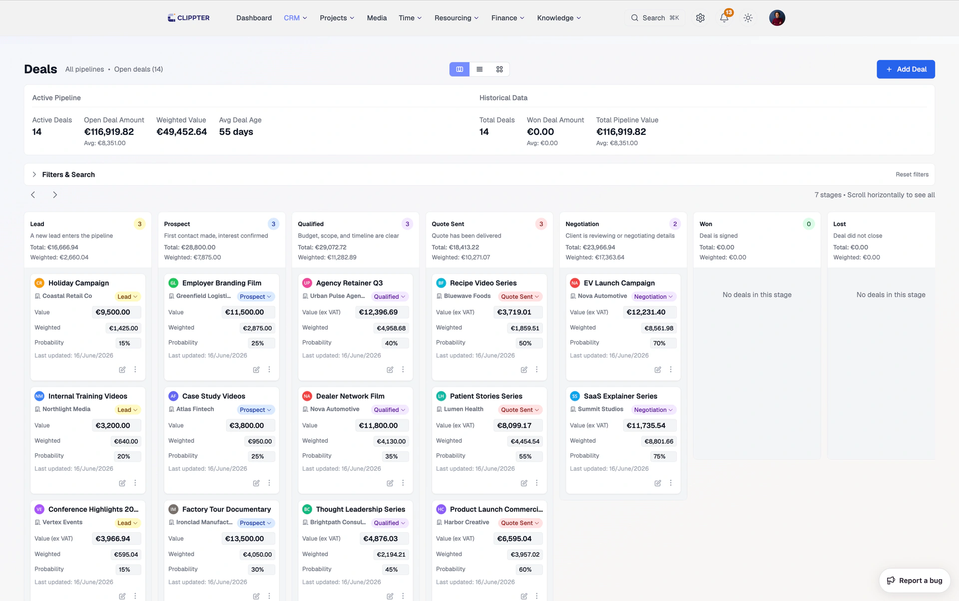 Clippter CRM deal pipeline board