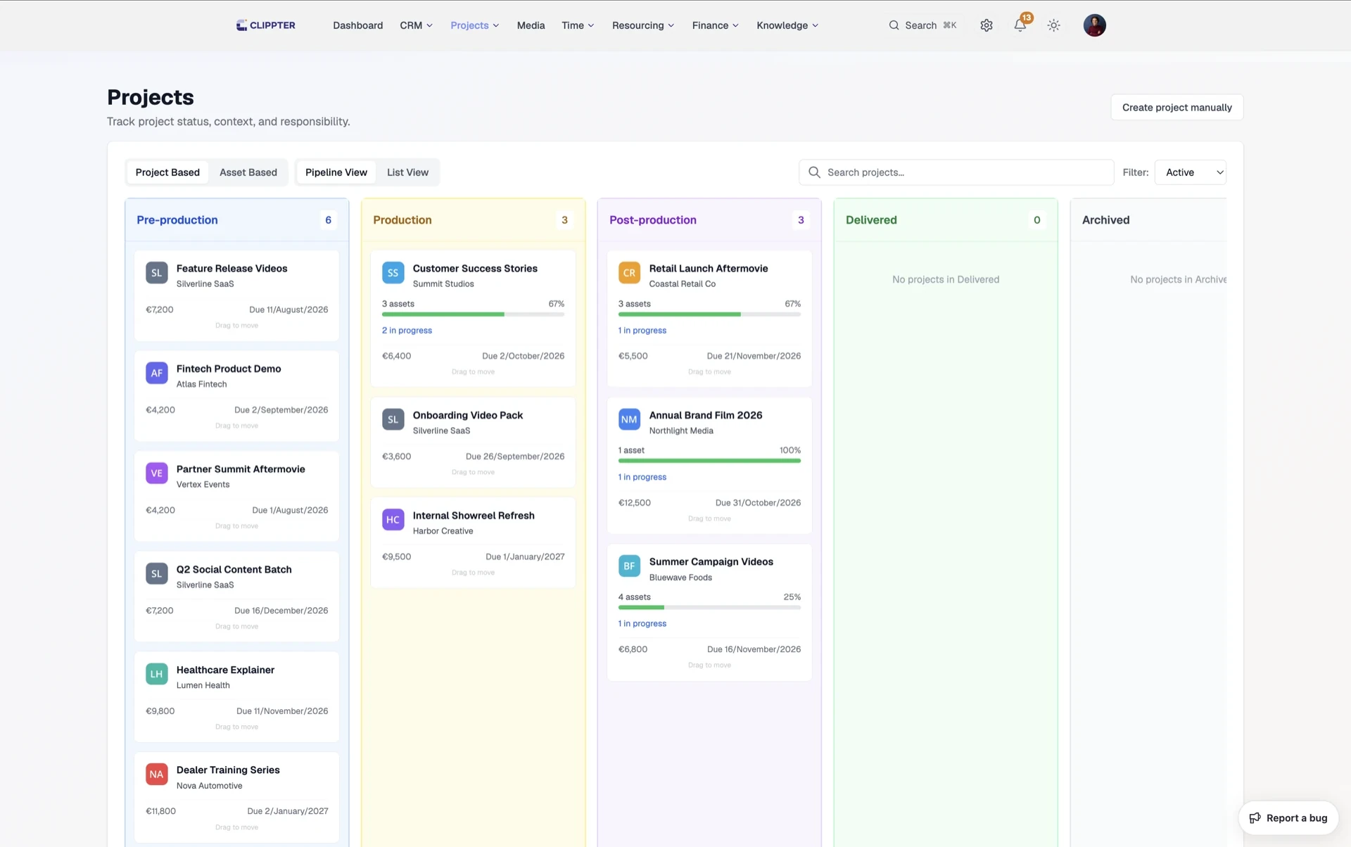 Clippter projects overview for video production tracking