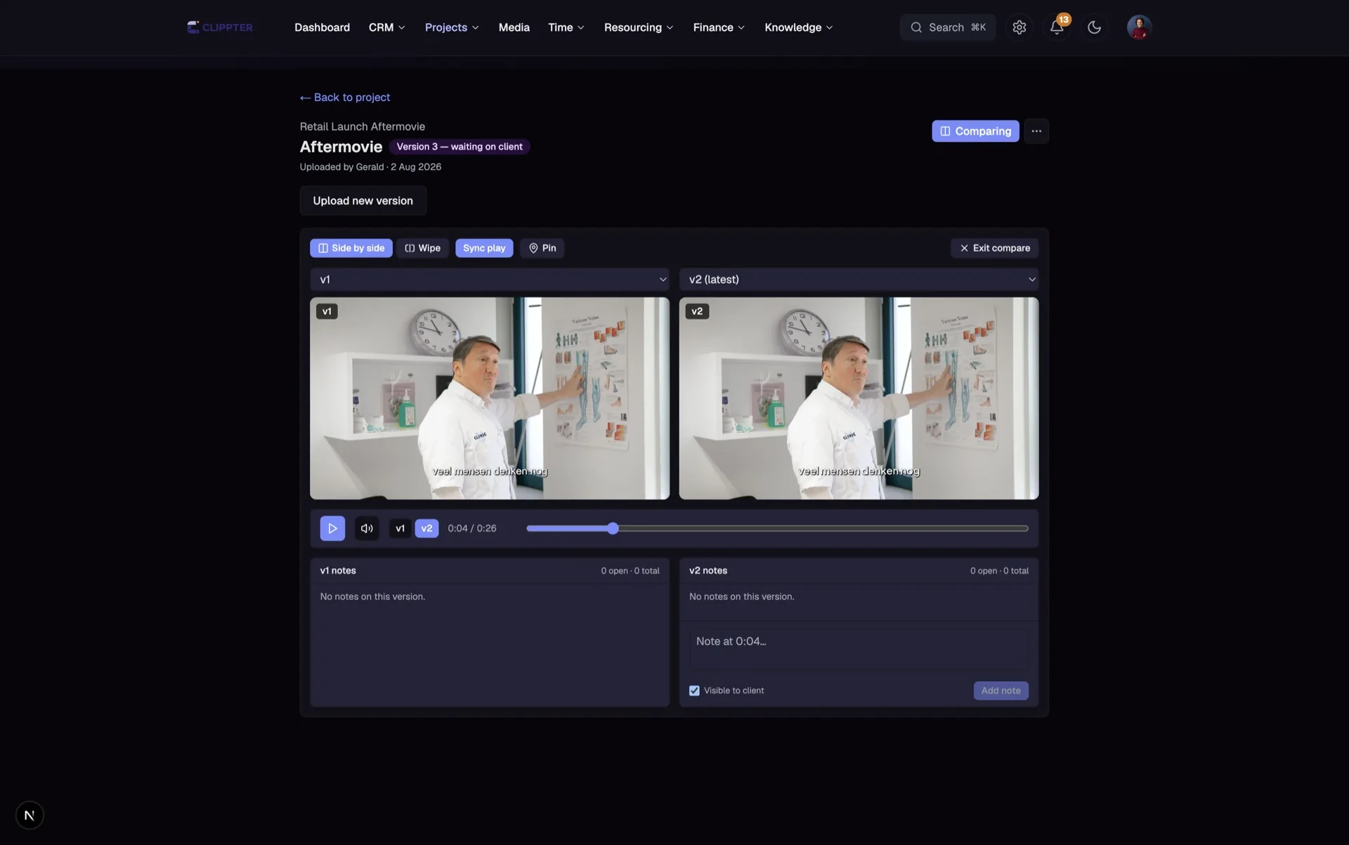 Side-by-side video version comparison in the client portal