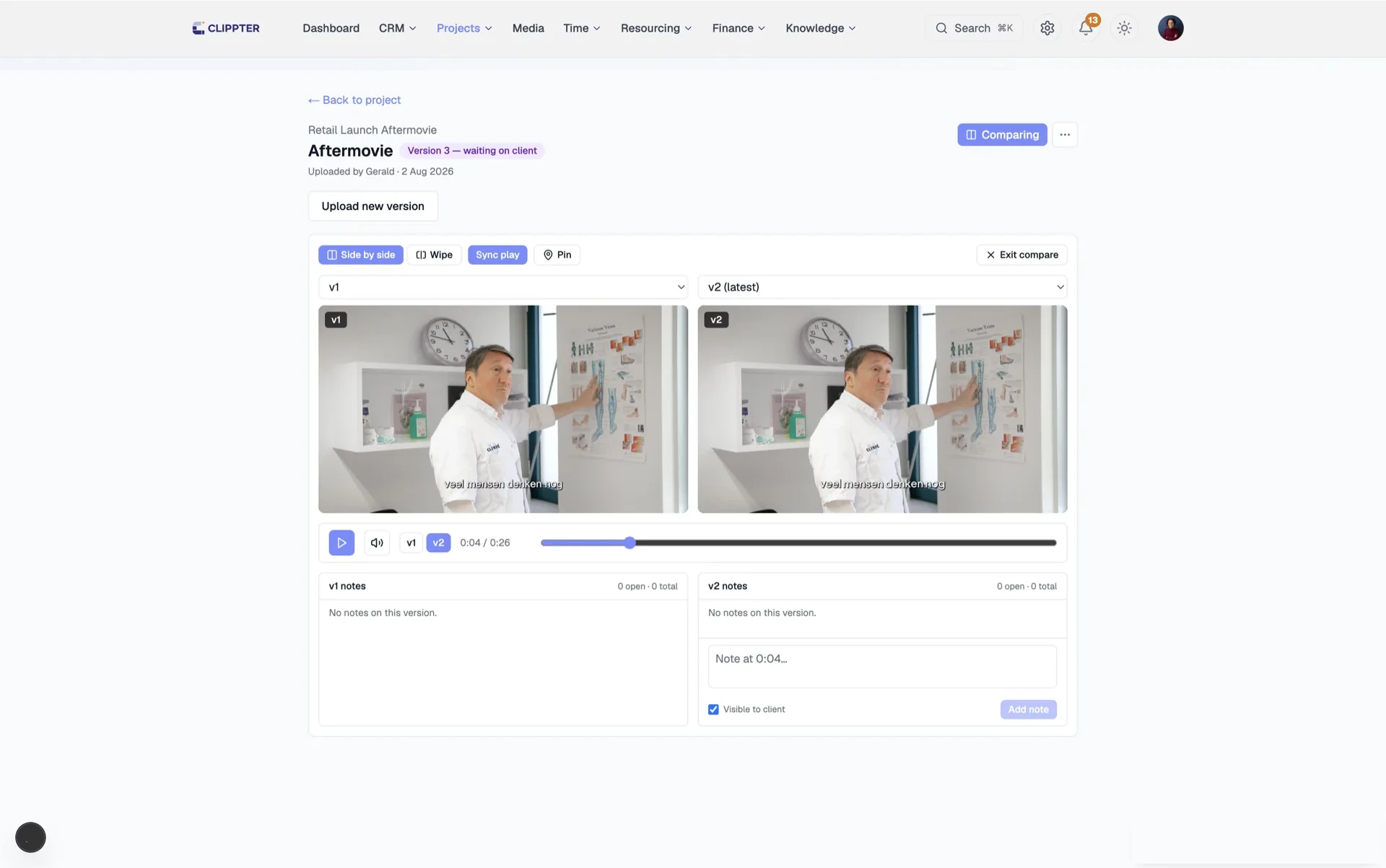 Side-by-side video version comparison in the client portal